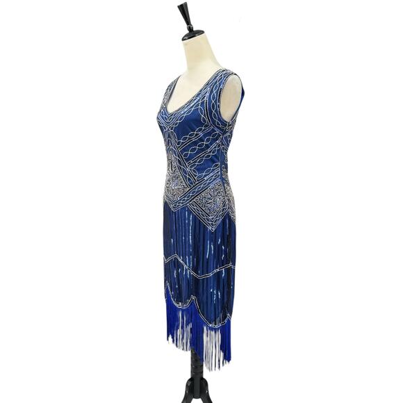 Babeyond NWT Royal Blue Sequin Beaded Fringe Flapper Style Midi Dress - Picture 2 of 12